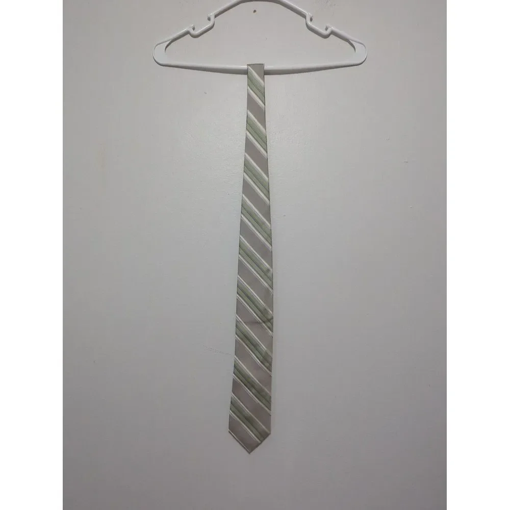 Calvin Klein‎ Mens Silk Necktie Green Silver White Diagonal Striped RN 121148